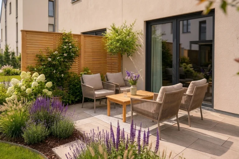 Terrasse gestalten im Reihenhausgarten mit Sichtschutz